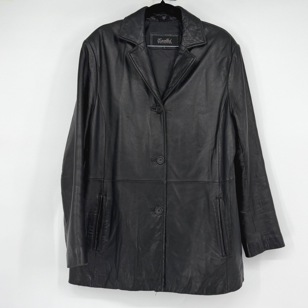 Excelled Collection Women's L Black Genuine Leather Blazer Jacket Y2K